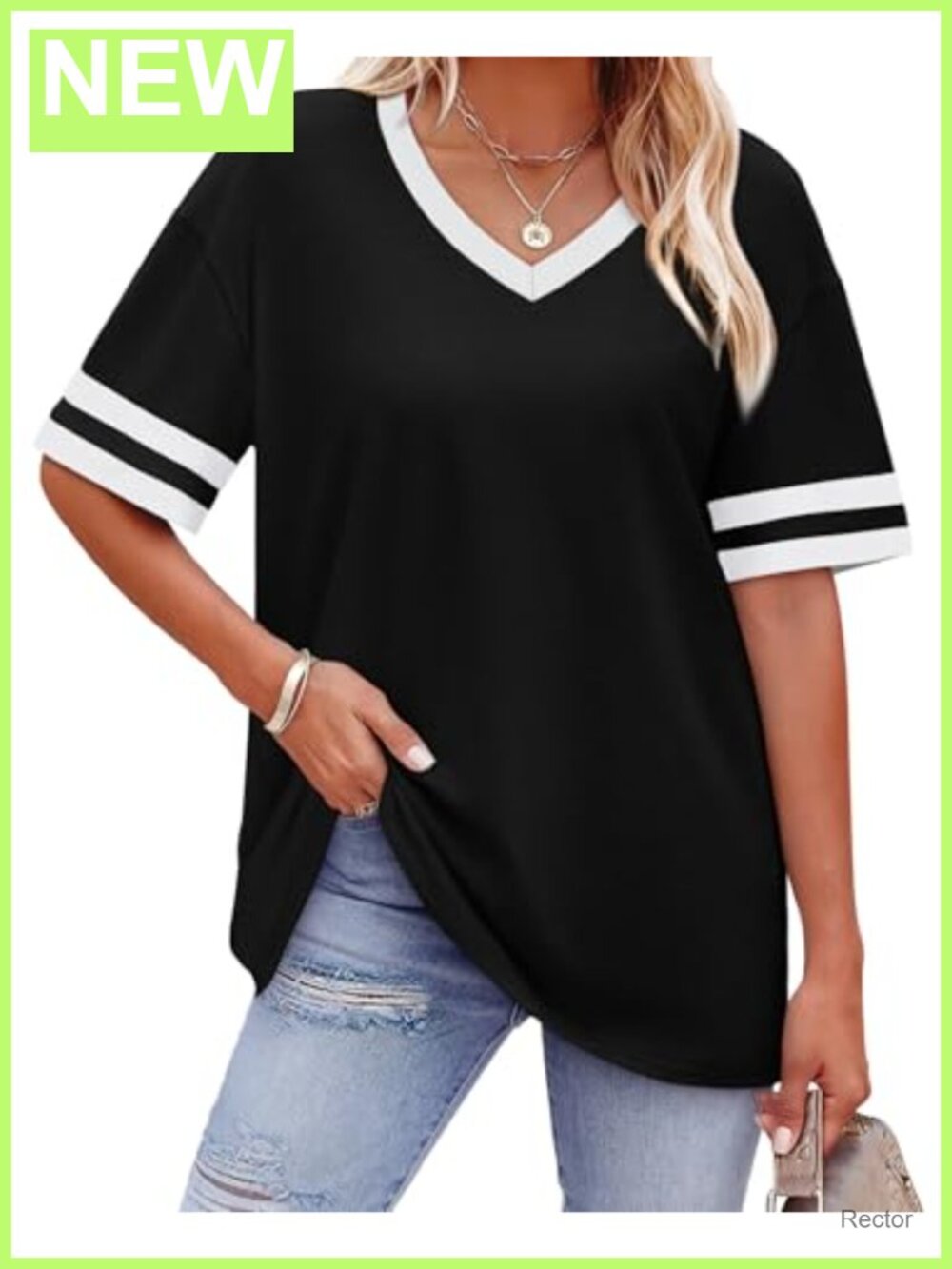 Womens V Neck Short Sleeve T Shirt Loose Fit Striped Cuff Casual Summer Tee